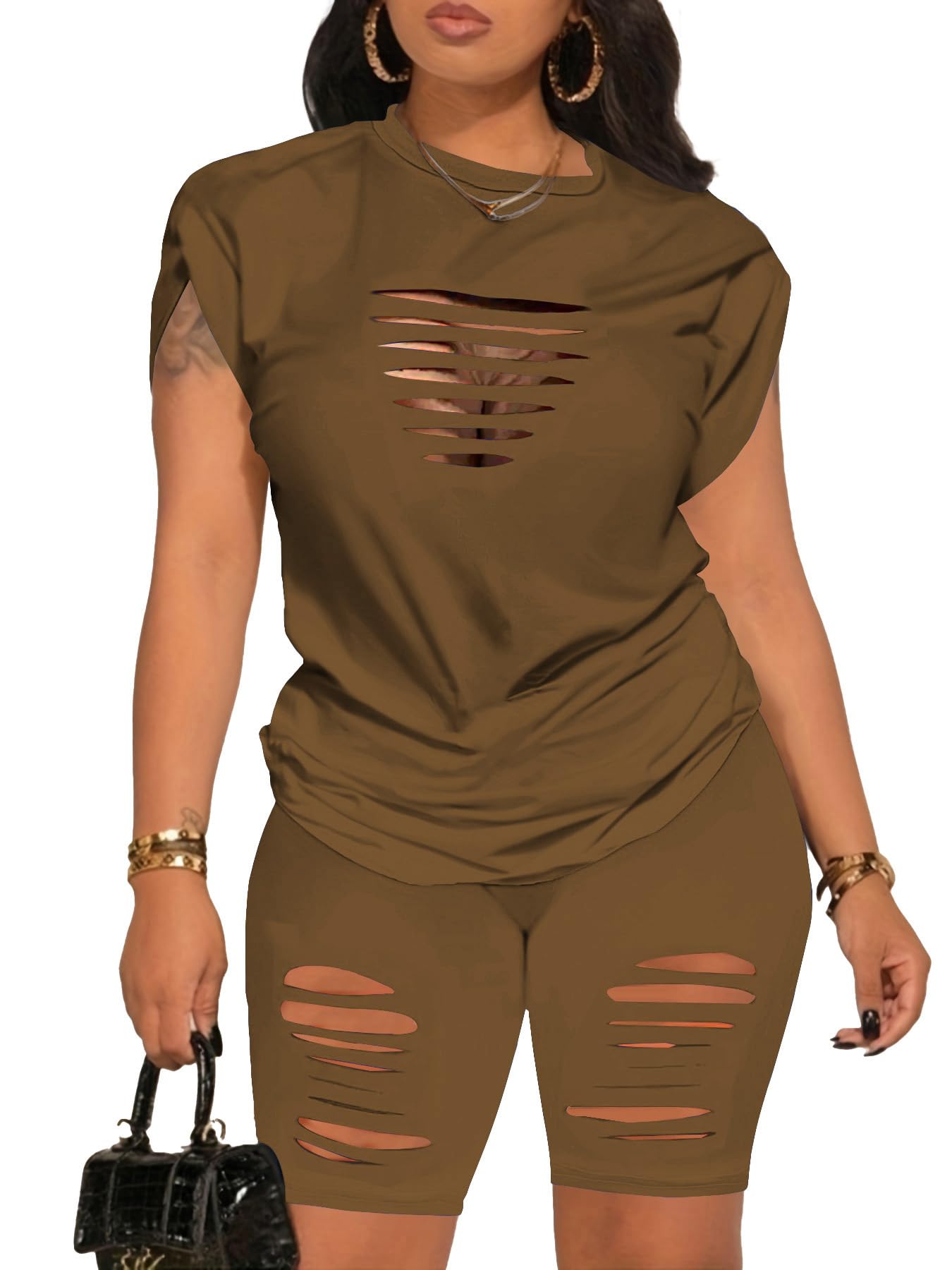 PINSV Women 2 Piece Outfits Summer Sweatsuits Biker Short Workout Jogger Sets