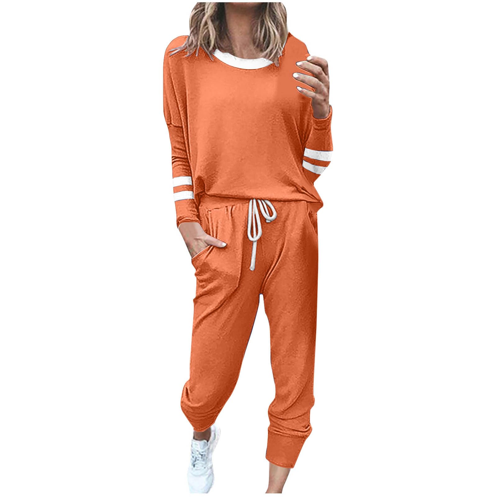 2 Piece Sweat Sets for Women Fall Outfits Long Sleeve Striped Tunic Tops Wide Leg Sweatpants Casual Lounge Sets