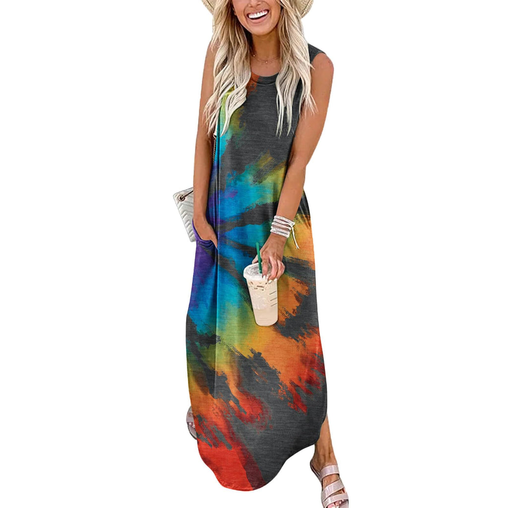 FANDEE Women's Casual Summer Loose Sunresses Long Dresses Sleeveless Split Maxi Beach Dress with Pockets