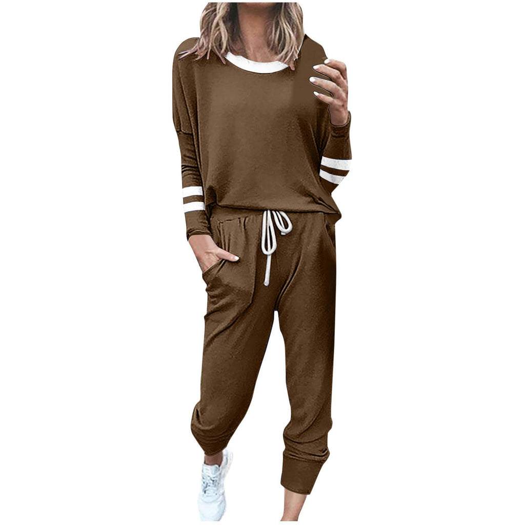 2 Piece Sweat Sets for Women Fall Outfits Long Sleeve Striped Tunic Tops Wide Leg Sweatpants Casual Lounge Sets
