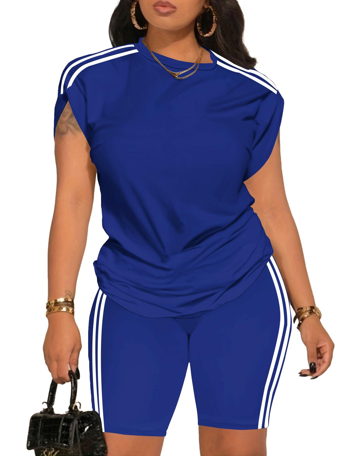 PINSV Women 2 Piece Outfits Summer Sweatsuits Biker Short Workout Jogger Sets