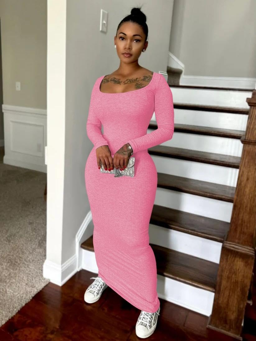 Nimsruc Sexy Crew Neck Lounge Long Dress Fitted Long Sleeve Ribbed Bodycon Maxi Dresses for Women 2024