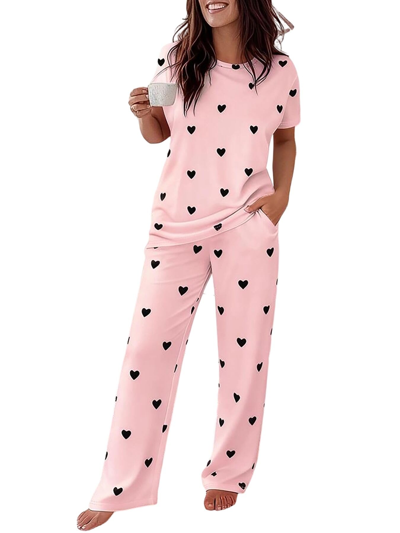 CHICME Womens Pajamas Sets 2 Piece Short Sleeve Lounge Set Printed Loose Pants Pj Sets Loungewear Set