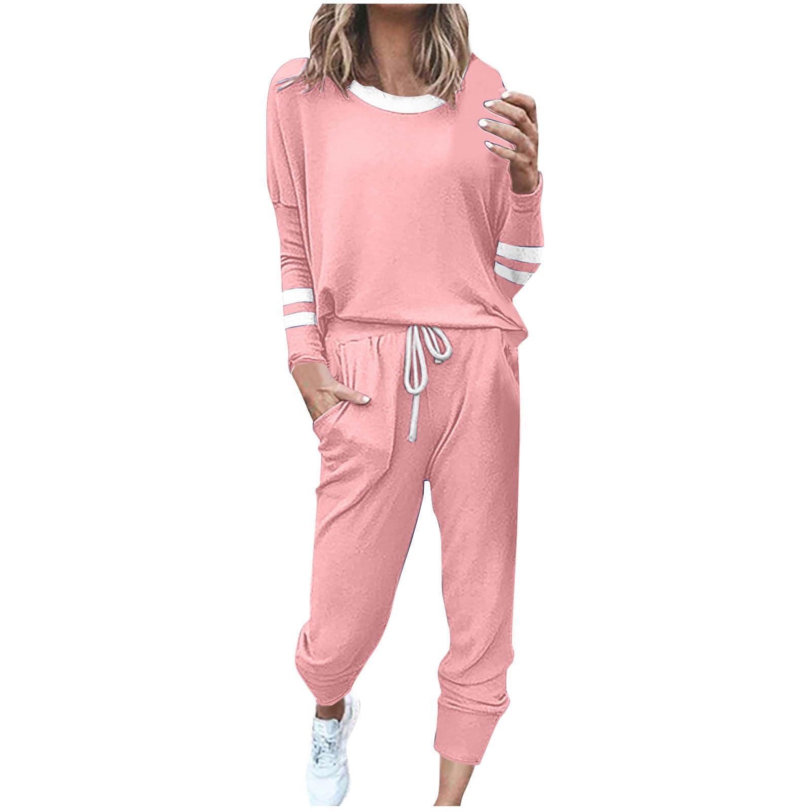 2 Piece Sweat Sets for Women Fall Outfits Long Sleeve Striped Tunic Tops Wide Leg Sweatpants Casual Lounge Sets