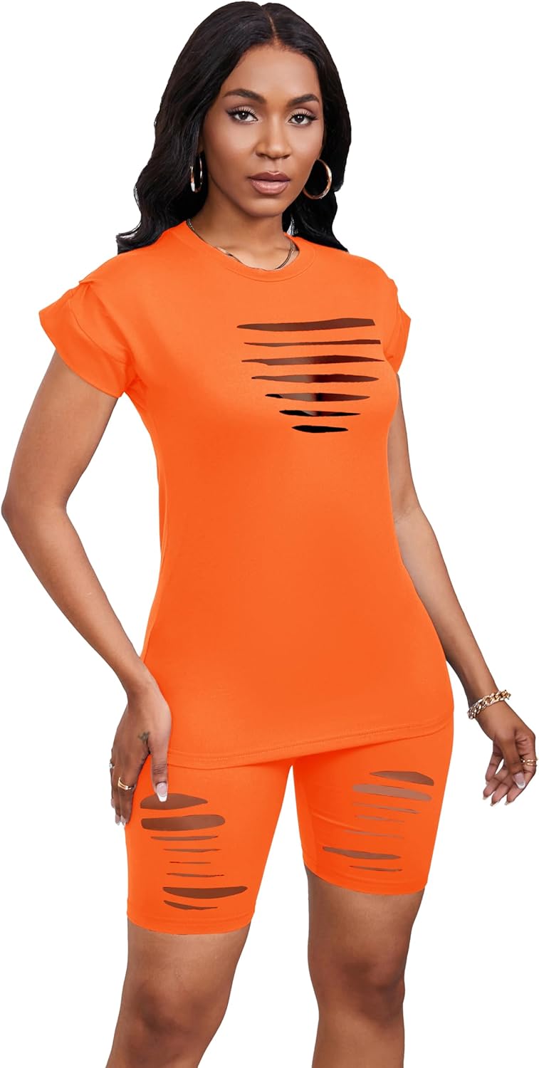 PINSV Women 2 Piece Outfits Summer Sweatsuits Biker Short Workout Jogger Sets