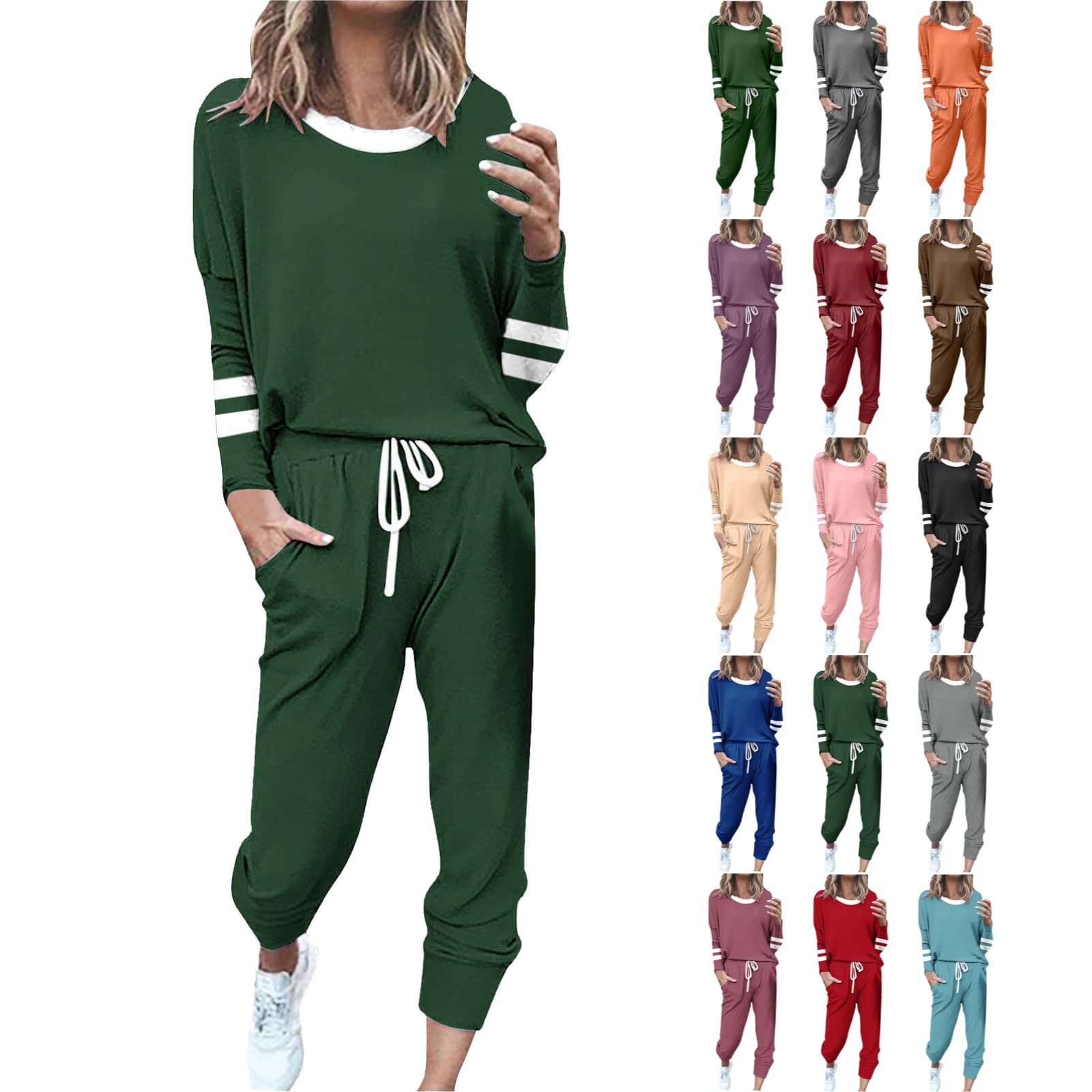 2 Piece Sweat Sets for Women Fall Outfits Long Sleeve Striped Tunic Tops Wide Leg Sweatpants Casual Lounge Sets