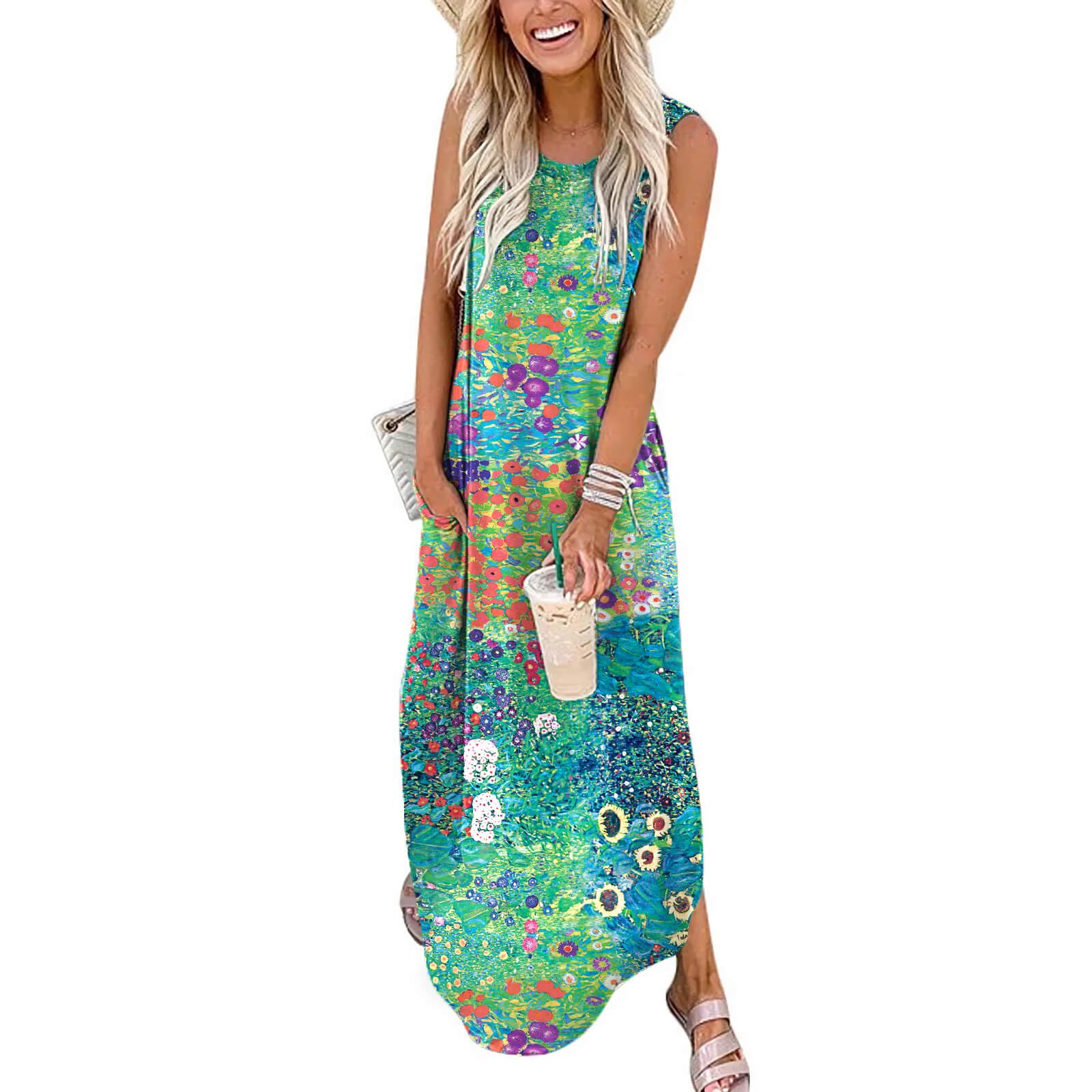 FANDEE Women's Casual Summer Loose Sunresses Long Dresses Sleeveless Split Maxi Beach Dress with Pockets