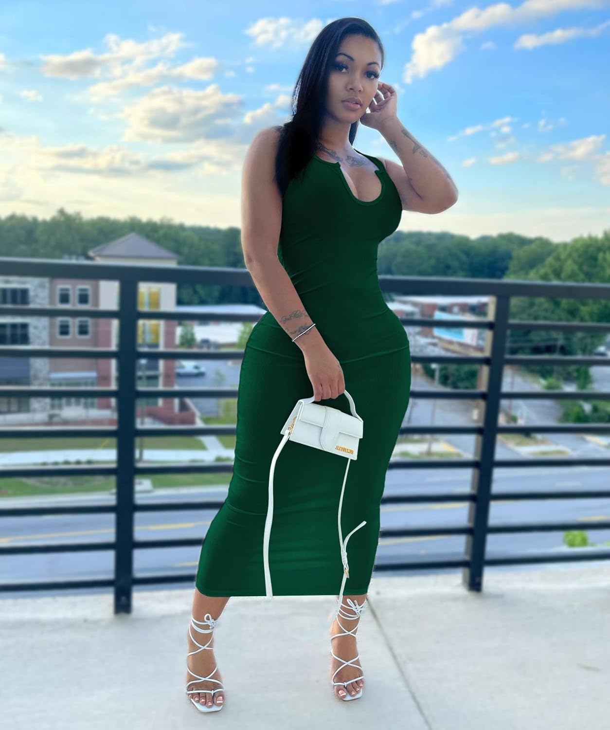 Nimsruc Women Casual Sexy Deep U Neck Tank Top Bodycon Dress Summer Sleeveless Wrap Long Basic Party Club Maxi Dresses