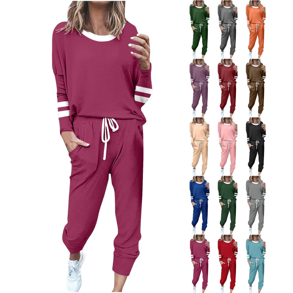 2 Piece Sweat Sets for Women Fall Outfits Long Sleeve Striped Tunic Tops Wide Leg Sweatpants Casual Lounge Sets