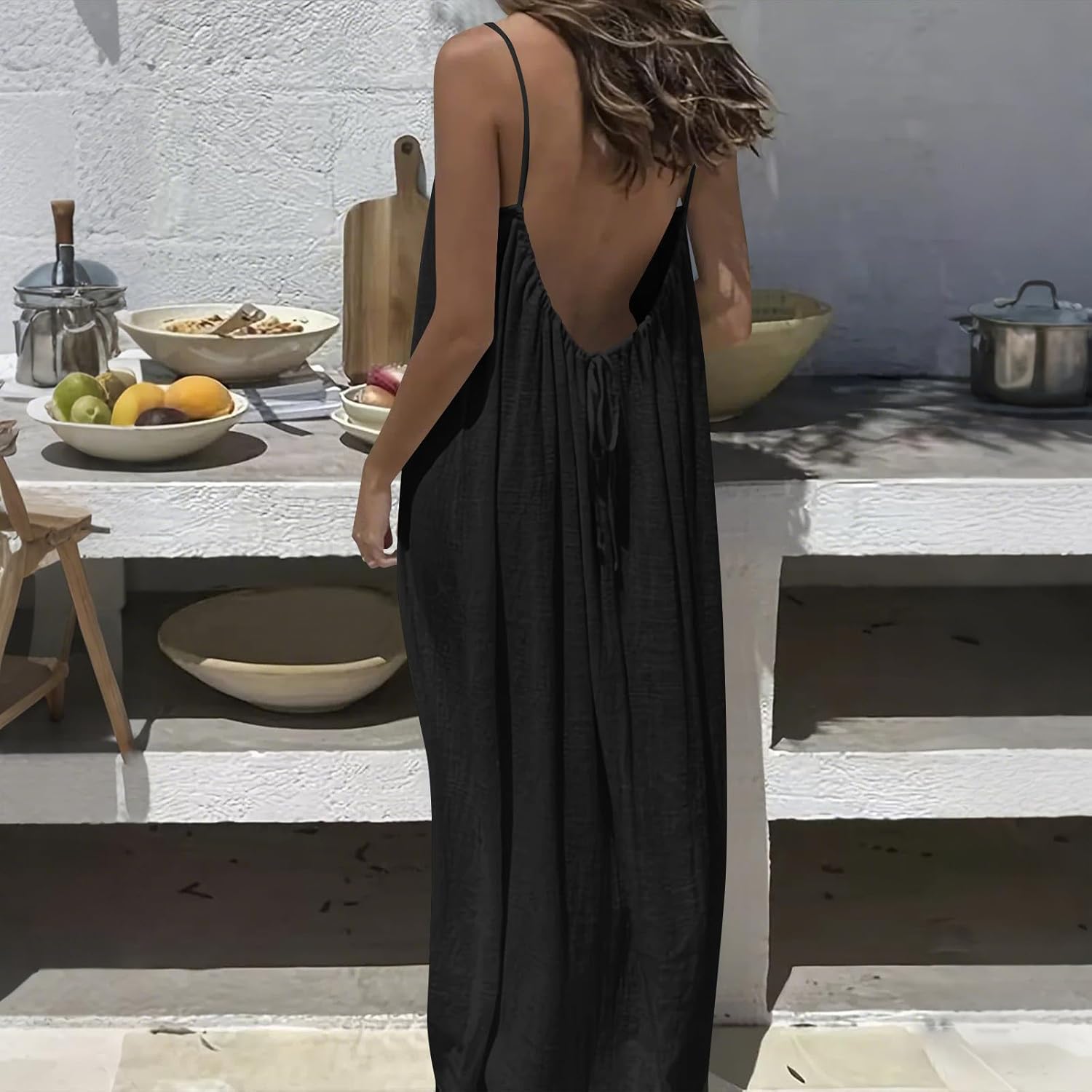 DOLKFU Summer Dresses for Women 2026 Vacation Spaghetti Strap Open Back House-Dress Sleeveless Backless Cami Dress Back Tie