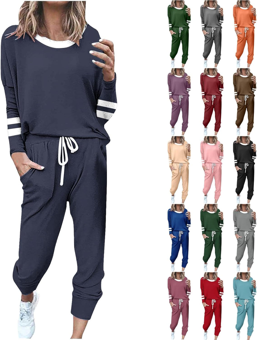 2 Piece Sweat Sets for Women Fall Outfits Long Sleeve Striped Tunic Tops Wide Leg Sweatpants Casual Lounge Sets