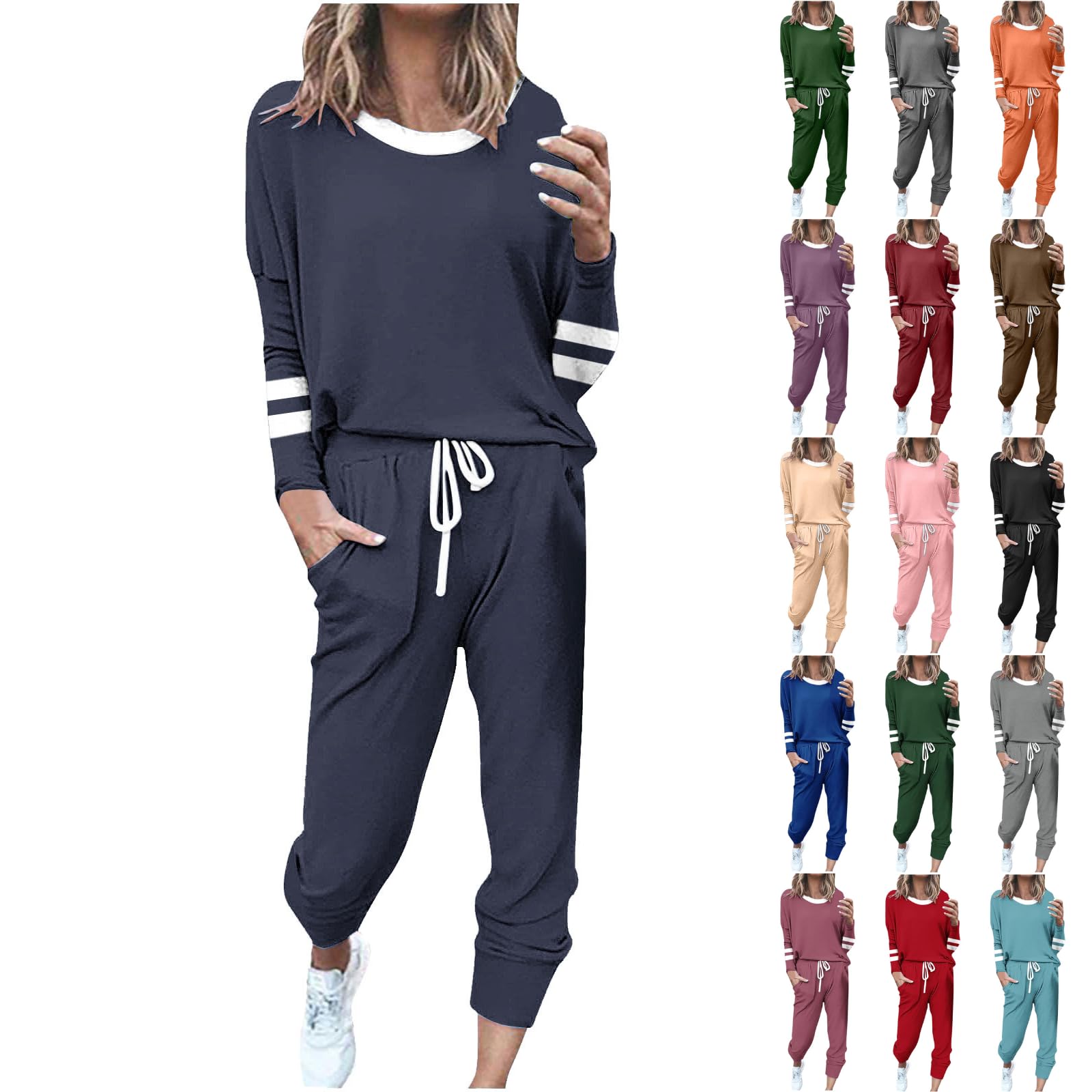 2 Piece Sweat Sets for Women Fall Outfits Long Sleeve Striped Tunic Tops Wide Leg Sweatpants Casual Lounge Sets