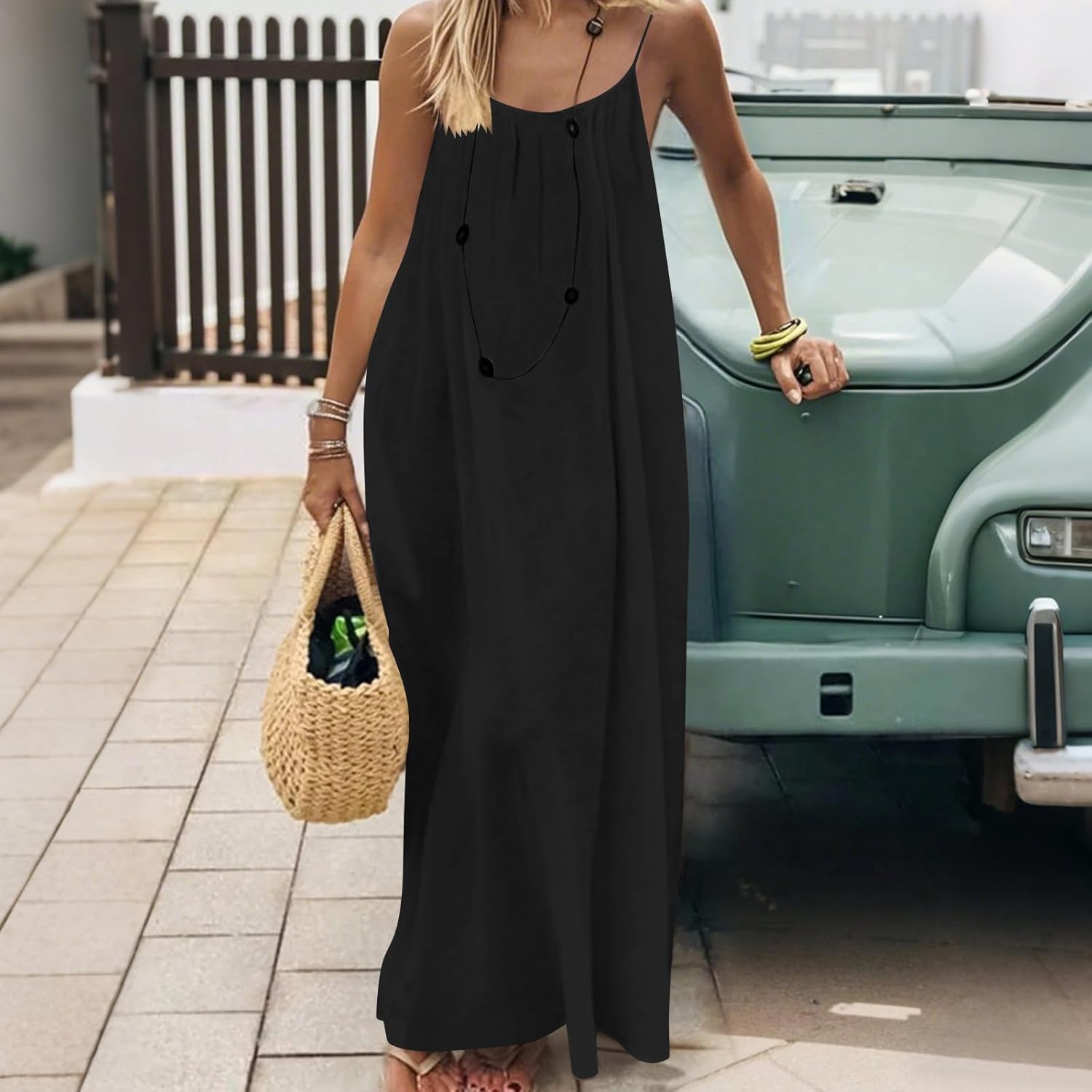 DOLKFU Summer Dresses for Women 2026 Vacation Spaghetti Strap Open Back House-Dress Sleeveless Backless Cami Dress Back Tie