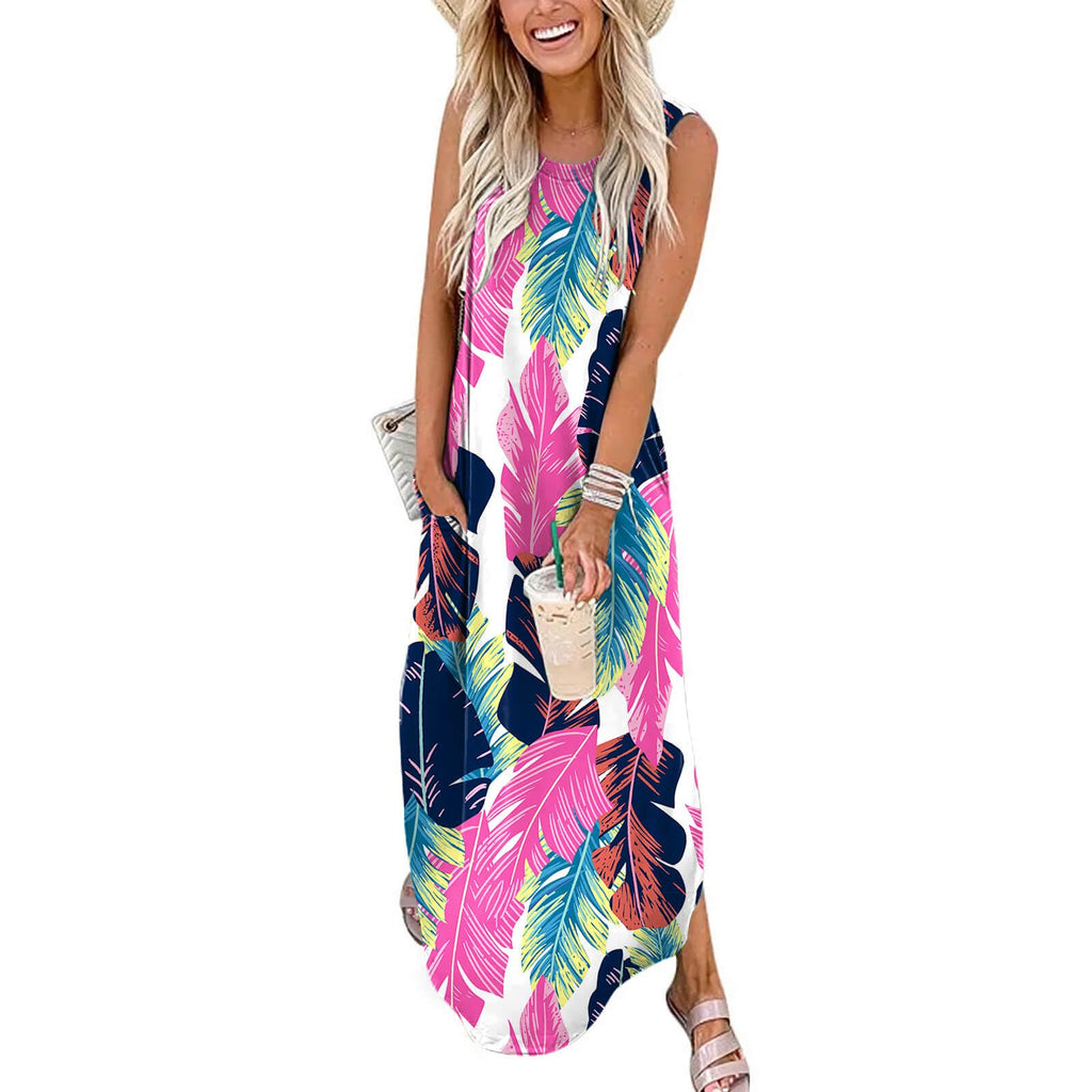 FANDEE Women's Casual Summer Loose Sunresses Long Dresses Sleeveless Split Maxi Beach Dress with Pockets