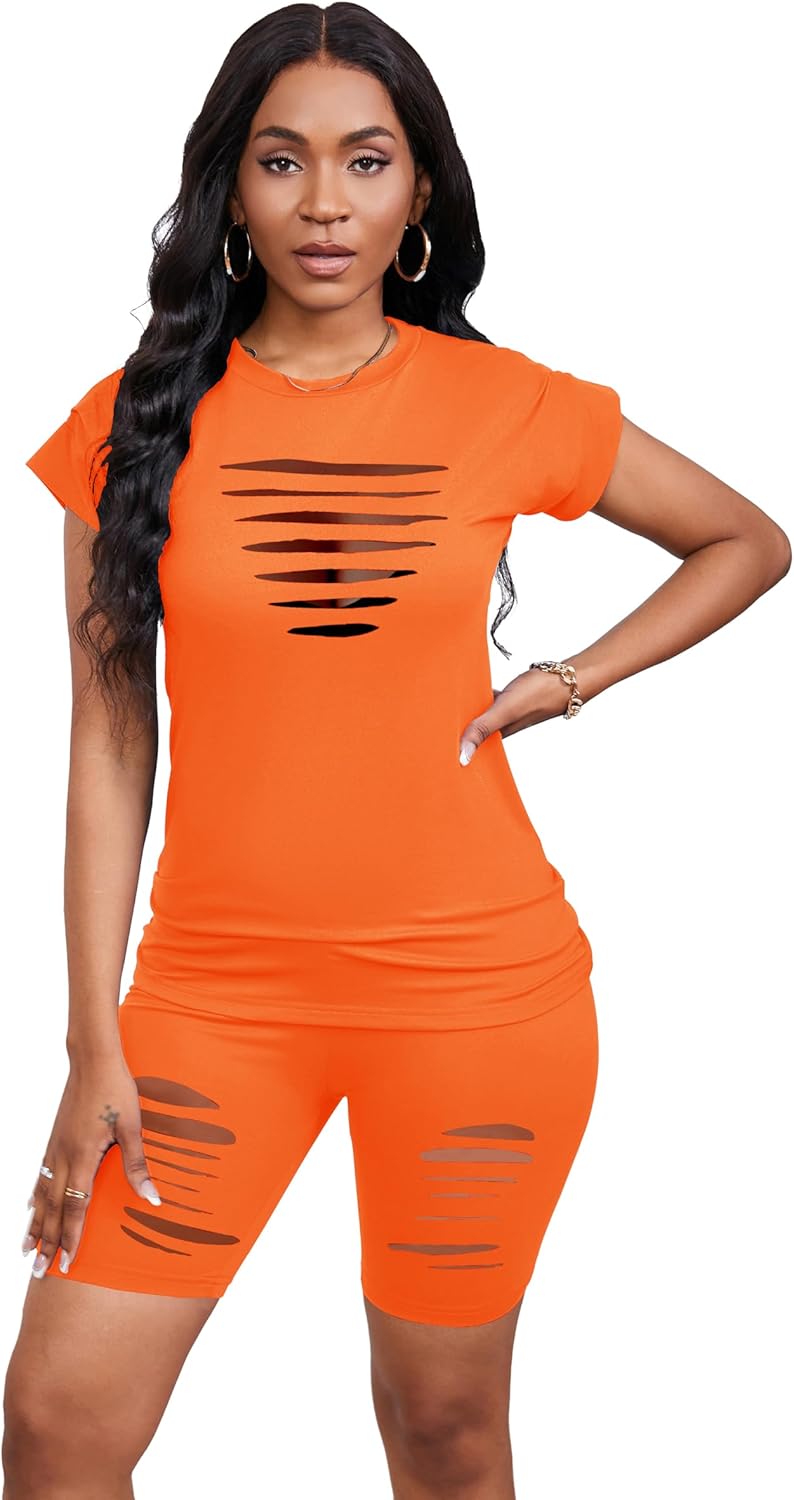 PINSV Women 2 Piece Outfits Summer Sweatsuits Biker Short Workout Jogger Sets