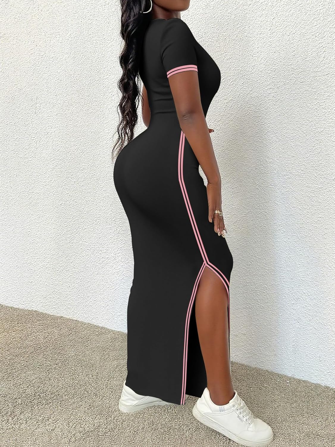 HBQ Women's Bodycon Maxi Dress Short Sleeve Side Slit Casual Dress Sporty Stripe Trim Long Dresses